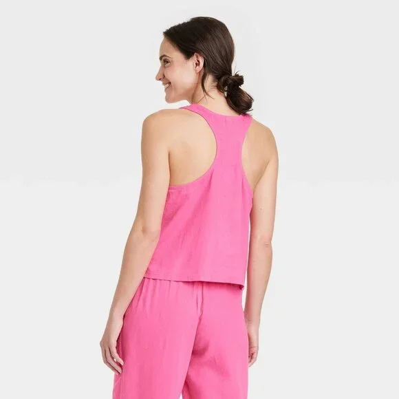 Stars Above Deep Pink Linen Blend Racerback Pajama Tank Top -- Women's Medium - Picture 2 of 5